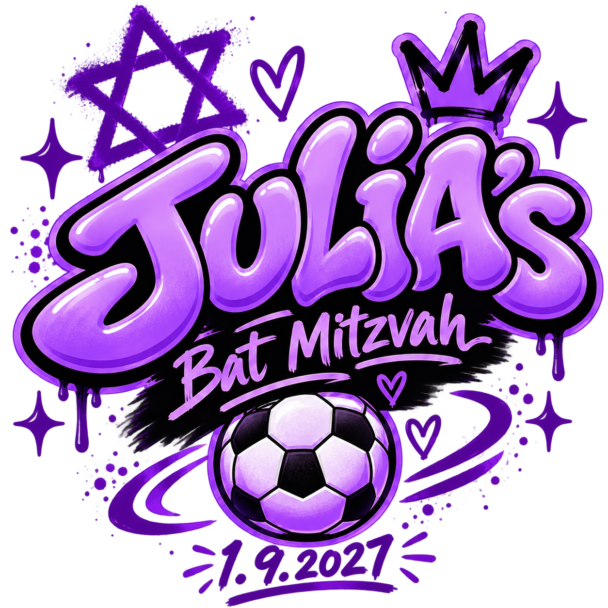 Julia's Bat Mitzvah graffiti logo with soccer ball, crown and Star of David